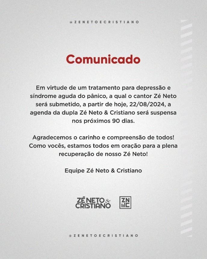 Dupla sertaneja Zé Neto e Cristiano anuncia suspensão dos shows por 90 dias; saiba detalhes