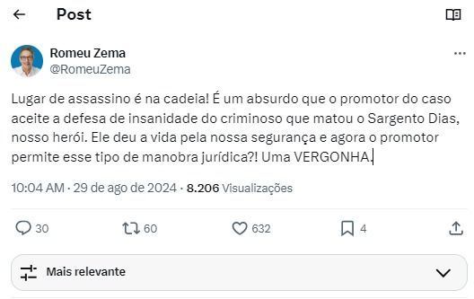 Romeu Zema se manifesta sobre caso do Sargento Dias, baleado na cabeça em perseguição em BH.