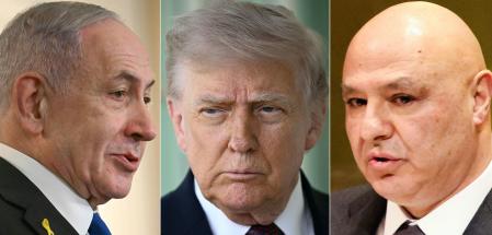 O primeiro-ministro de Israel, Benjamin Netanyahu, Trump, e o presidente do Líbano, Joseph Aoun