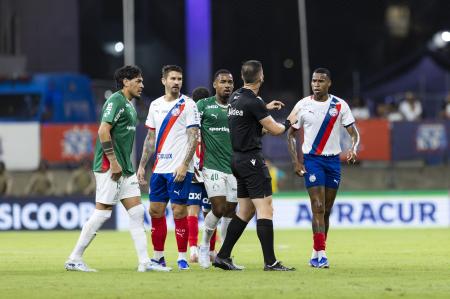 Jogadores de Bahia e Palmeiras conversam com o árbitro da partida