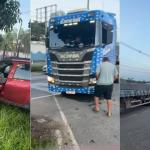 Batida com carreta lança carro contra árvore e trava trânsito em Contagem; veja vídeo