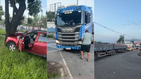 Batida com carreta lança carro contra árvore e trava trânsito em Contagem; veja vídeo