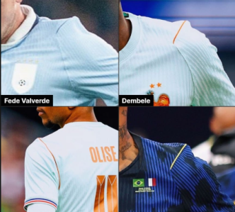 Camisas de Uruguai, França e Brasil com "ombreiras" • Rprodução/FootyHeadlines