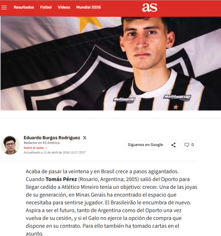 Publicação do Diario As sobre Tomás Perez, volante do Atlético • Reprodução / Diario As