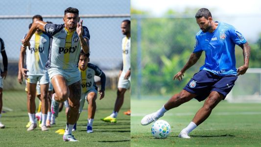 Tiquinho Soares, do Mirassol, e Willian José, do Bahia, durante treino das equipes