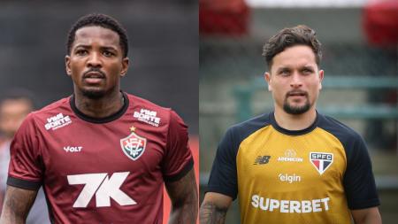 Cacá, do Vitória, e Artur Victor, do São Paulo, durante treino das equipes