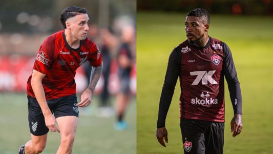 Benavídez, do Atheltico, e Marinho, do Vitória, durante treino das equipes