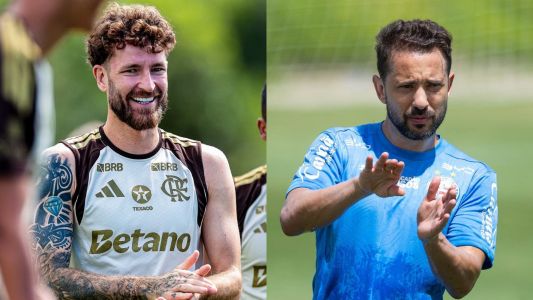 Léo Pereira, do Flamengo, e Everton Ribeiro, do Bahia, durante treino das equipes