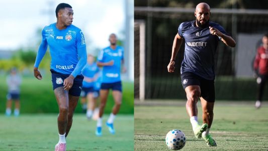Jean Lucas, do Bahia, e Zé Welison, do Remo, durante treino das equipes