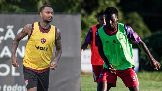 Luan Cândido, do Vitória, e Fechale, do Piauí, durante treino das equipes