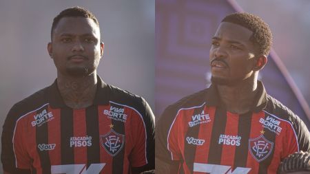 Luan Cândido (à esq.) e Cacá, zagueiros do Vitória