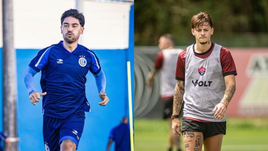 Fabrício Oya, do Confiança, e Diego Tarzia, do Vitória, durante treino das equipes