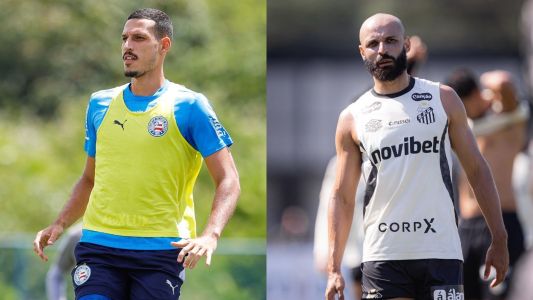 Gabriel Xavier, do Bahia, e Thaciano, do Santos, durante treino das equipes