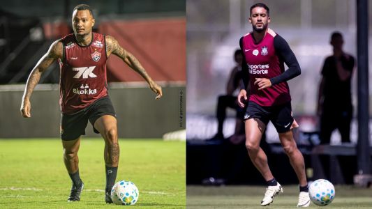 Zagueiro Luan Cândido, do Vitória, e volante Matheus Pereira, do Corinthians, durante treino das equipes