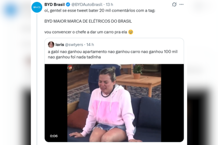 BYD, marca de automóveis elétricos, se mobiliza para "dar presente" para Gabriela • Reprodução/Redes Sociais