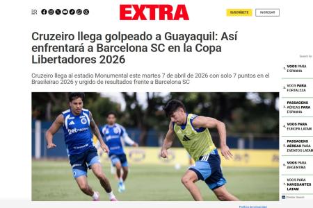 Matéria do jornal equatoriano Extra antes de Barcelona-EQU x Cruzeiro • Reprodução/Extra