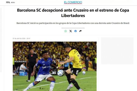 Manchete do jornal El Comercio sobre a vitória do Cruzeiro sobre o Barcelona-EQU