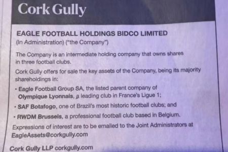 Anúncio da Eagle coloca SAF do Botafogo à venda no Financial Times