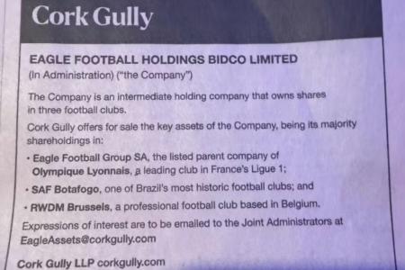Anúncio da Eagle coloca SAF do Botafogo à venda no Financial Times