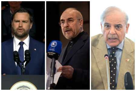 Vice-presidente dos EUA, JD Vance, presidente do Parlamento do Irã, Mohammad Bagher Ghalibaf, e primeiro-ministro do Paquistão, Shehbaz Sharif