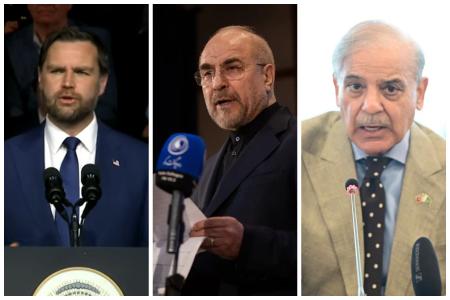Vice-presidente dos EUA, JD Vance, presidente do Parlamento do Irã, Mohammad Bagher Ghalibaf, e primeiro-ministro do Paquistão, Shehbaz Sharif