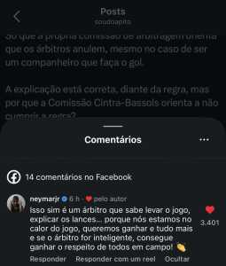 Comentário de Neymar em post no Instagram sobre postura de assistente em partida entre Santos e Atlético • Reprodução / Instagram