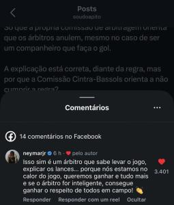 Comentário de Neymar em post no Instagram sobre postura de assistente em partida entre Santos e Atlético • Reprodução / Instagram