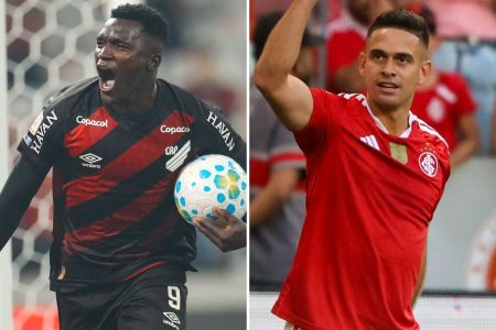 Montagem de fotos com Kevin Viveros, do Athletico-PR, e Rafael Borré, do Inter