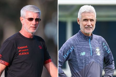 Montagem de fotos com os técnicos Odair Hellmann, do Athletico-PR, e Luís Castro, do Grêmio