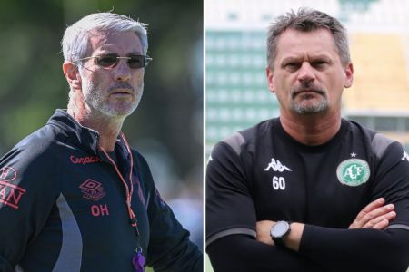 Montagem de fotos com os técnicos Odair Hellmann, do Athletico, e Fábio Matias, da Chapecoense