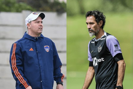 Eduardo Saragó, técnico do Puerto Cabello, e Eduardo Domínguez, treinador do Atlético