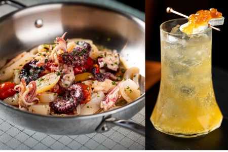 Salada de Polvo e Calamares ao lado de um de um Aqua Vitae • Divulgação