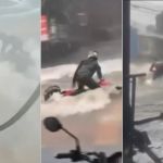 Câmera registra resgate emocionante de motociclista arrastado por enxurrada; veja vídeo