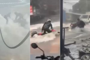 Câmera registra resgate emocionante de motociclista arrastado por enxurrada; veja vídeo