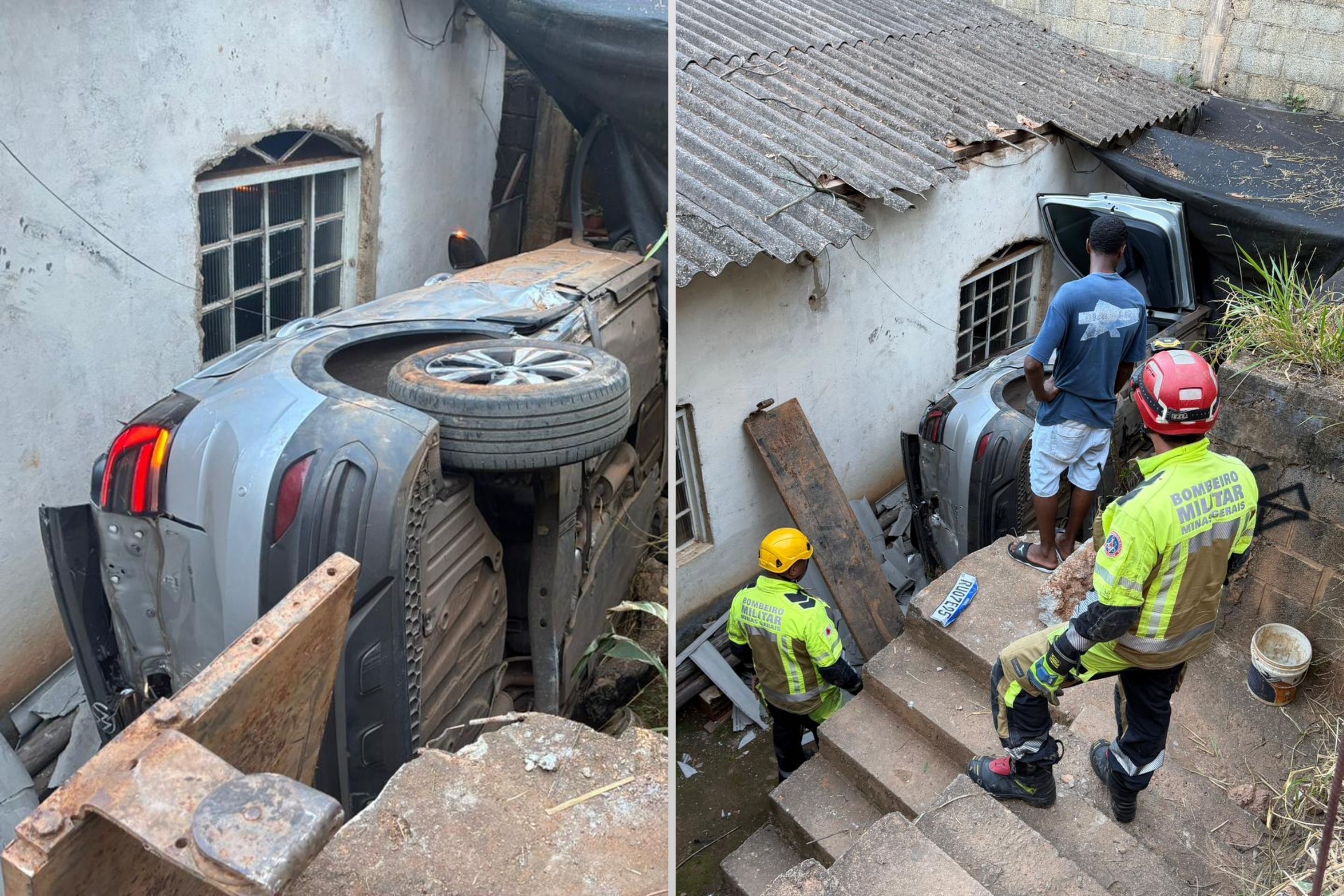 Mulher perde controle de carro, desce barranco e cai entre casas na Grande BH