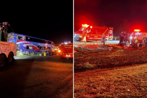 Ônibus com 59 pessoas bate com carreta e mata 2 pessoas em MG