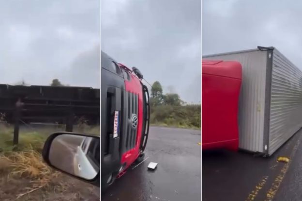 Caminhão tomba com a força do vento durante temporal no RS; veja imagens