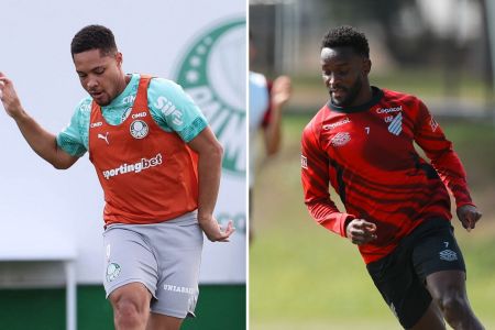 Montagem de fotos com Vitor Roque, do Palmeiras, e Mendoza, do Athletico-PR