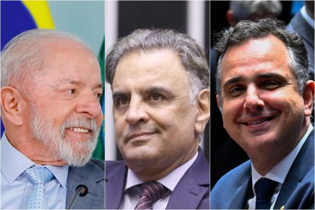 O presidente Lula (esq.), o deputado Aécio Neves (cen.) e o senador Rodrigo Pacheco (dir.)