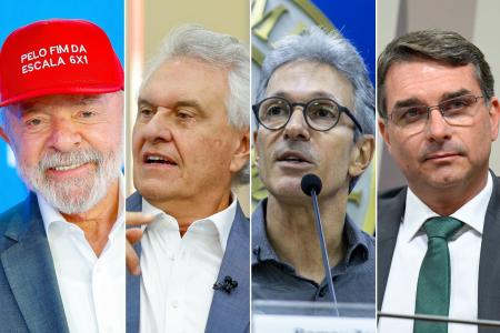 Da esquerda para a direita: o presidente Lula; o ex-governador Ronaldo Caiado; o ex-governador Romeu Zema; o senador Flávio Bolsonaro