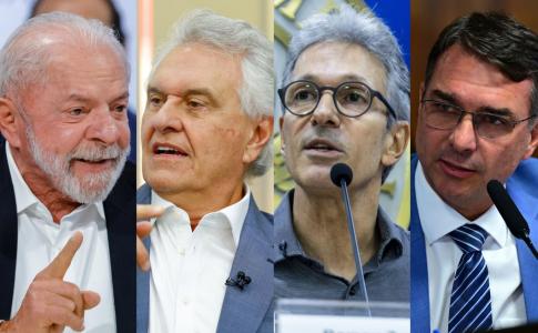 Da esquerda para a direita: o presidente Lula; o ex-governador Ronaldo Caiado; o ex-governador Romeu Zema; o senador Flávio Bolsonaro