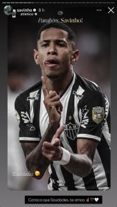 Publicação de Savinho, do Manchester City, para o Atlético no Instagram • Reprodução / Instagram / Savinho