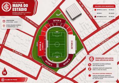 Mapa de acesso do Orlando Scarpelli, em Florianópolis, para Athletic x Inter • Divulgação/Internacional