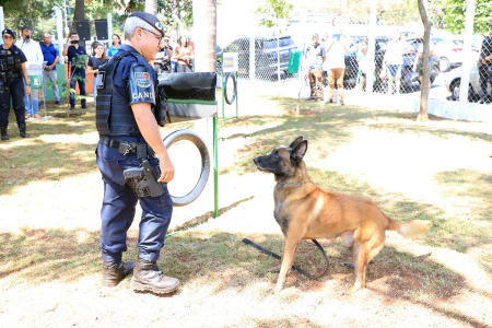 Cachorro da raça pastor alemão e treinador fazem treinamento em inauguração de parque em itu, estado de São Paulo