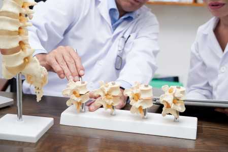 Doctor showing various spinal sections showing intervertebral disc space disease