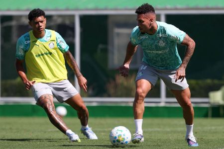 Paulinho em treinamento com os companheiros no Palmeiras