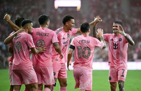 Inter Miami's Argentine forward #10 Lionel Messi celebrates his team's 4th goal during the Major League Soccer (MLS) regular season football match between Inter Miami CF and Philadelphia Union at Nu Stadium in Miami, Florida, on May 24, 2026. (Photo by CHANDAN KHANNA / AFP)