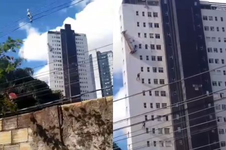 Trabalhadores caem de andaime e ficam pendurados em prédio na Pampulha, em BH