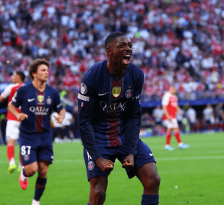 Dembelé comemora gol marcado diante do Arsenal