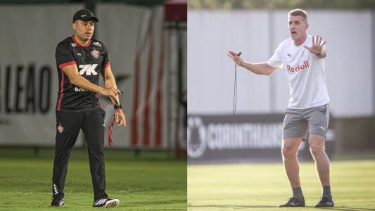 Jair Ventura, do Vitória, e Vágner Mancini, do RB Bragantino, durante treino das equipes